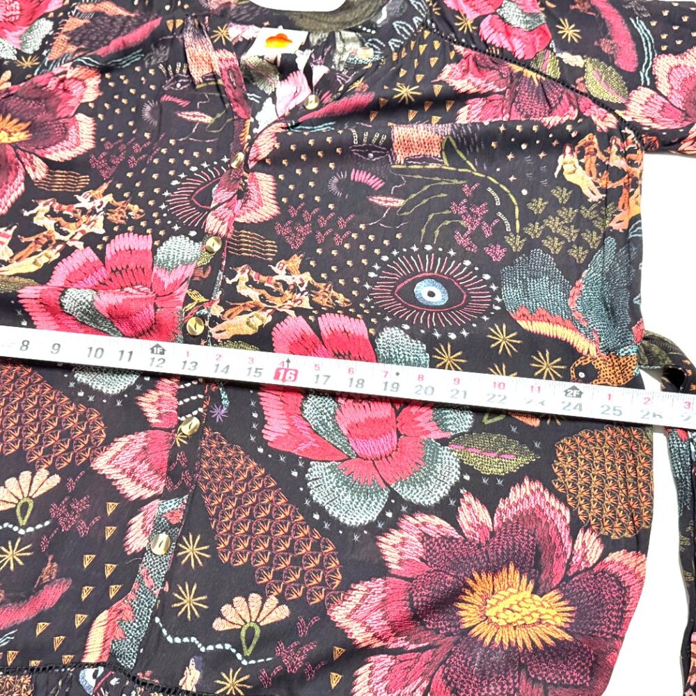 Farm Rio River Creatures Black Floral Mini Dress Tie Belt Button Front Tassels - Picture 14 of 16